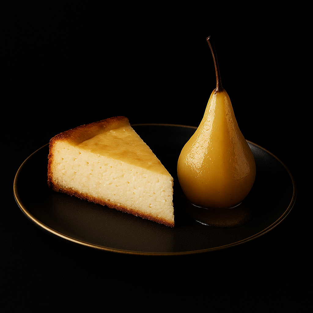 Ukrainian Cheesecake “Syrnyk” with Vodka-Poached Pear